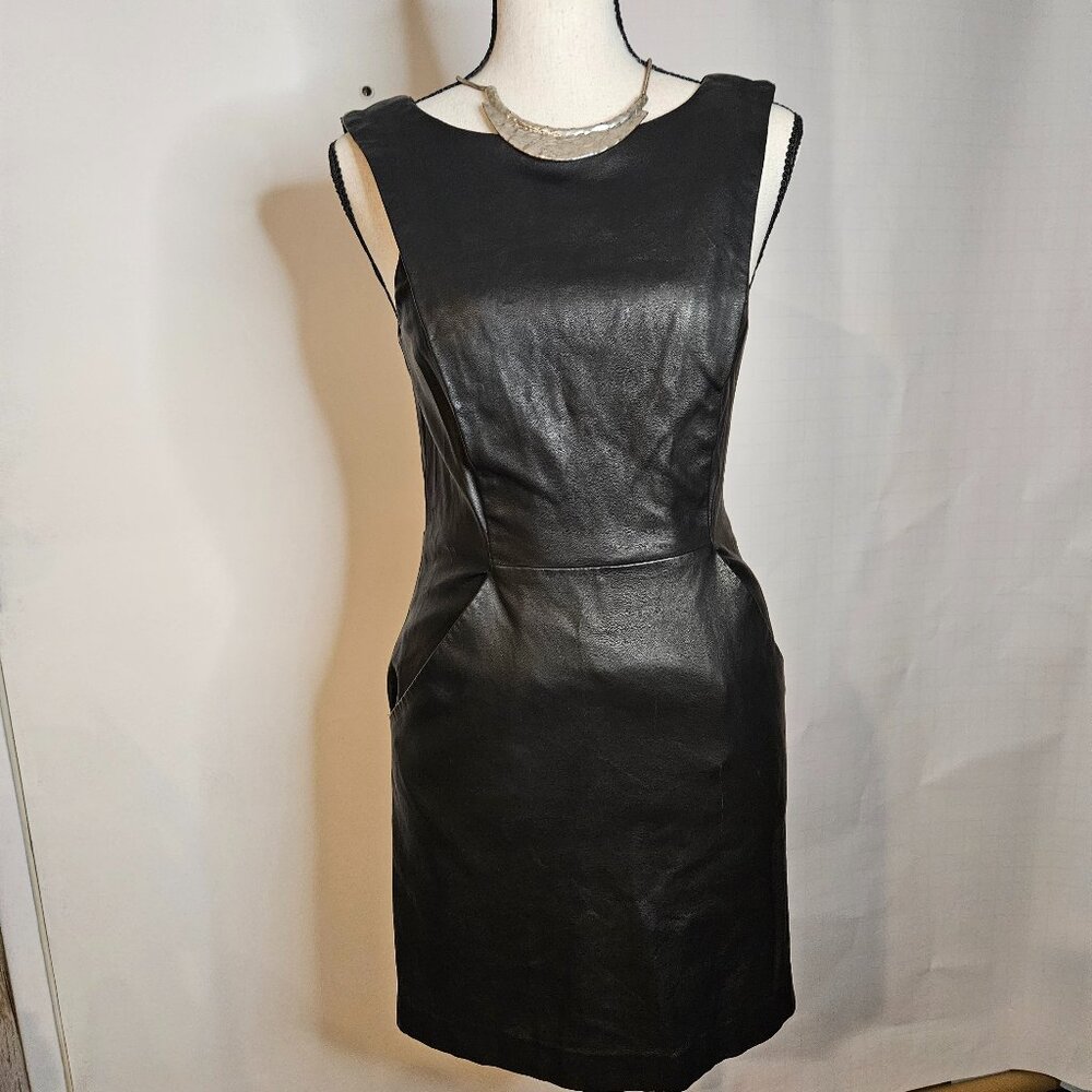 Armani Sz00 Smooth Black Faux Leather Shirt-Style Fully Lined Sleeveless Dress